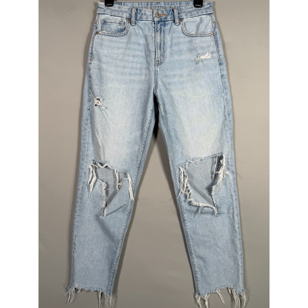American Eagle Jeans Women 2 Blue Strigid Curvy Mom Distressed‎ Destroyed Ripped